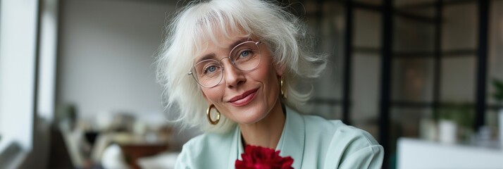 Elegant mature caucasian female with short white hair and glasses smiling indoors