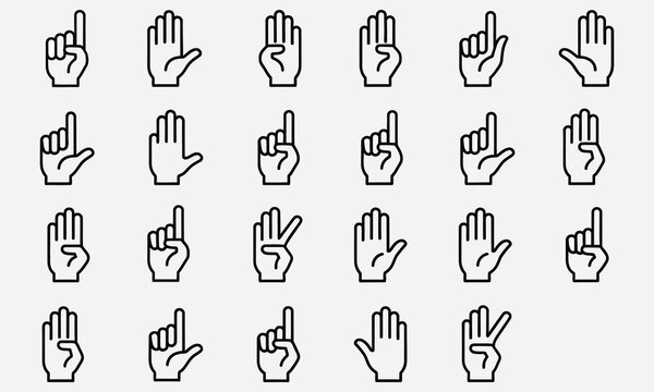 Set of diverse vector line icons depicting hand gestures for counting numbers from zero to five, ideal for user interface design, educational materials, and infographics