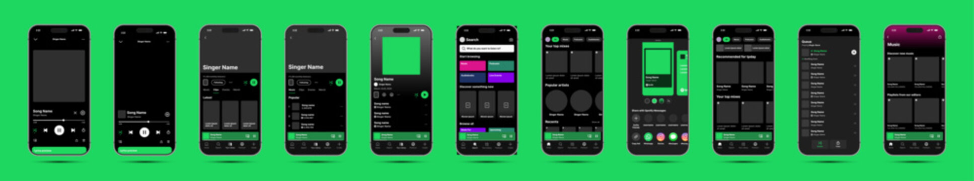 Spotify Music Player UI Mockup New Updated with Playlists, Albums, Now Playing, Queue, Library, Search, Liked Songs, Podcasts, Playback Controls, Equalizer, and Interactive Player Features