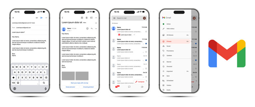 Gmail UI Mockup on iPhone 17 Pro Max with Inbox, Compose, Sent, Drafts, Spam, Search, Labels, Notifications, Threaded Emails, and Interactive Mobile Layout
