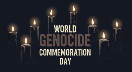 Burning candles on dark background with text World Genocide Commemoration Day. Memorial illustration symbolizing remembrance, mourning, observed on December 9