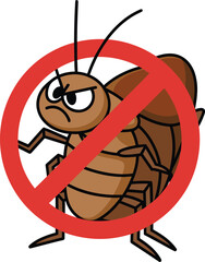 Cartoon cockroach with prohibition symbol, pest control icon, angry bug illustration, no roach graphic, extermination warning art pack