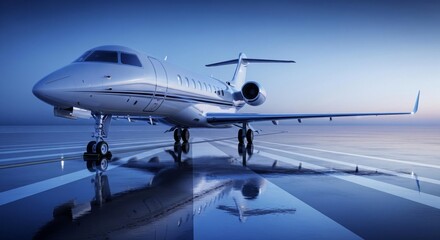 Sleek private jet parked on a reflective runway, bathed in cool blue light.