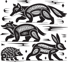 Monochrome Forest Wildlife Illustration Bundle: Tribal Style Animal Silhouettes for Tattoos
