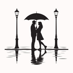 A romantic silhouette of a couple in love embracing under an umbrella on a rainy street with streetlamp reflections © ZeroStock