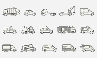 Comprehensive Collection of Outline Icons Featuring Essential Emergency and Public Service Vehicles for Urban Infrastructure and Logistics