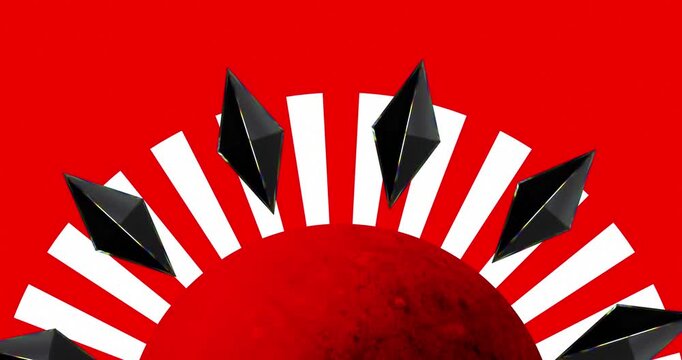 Abstract looped video. Red moon and ether symbols circling around it