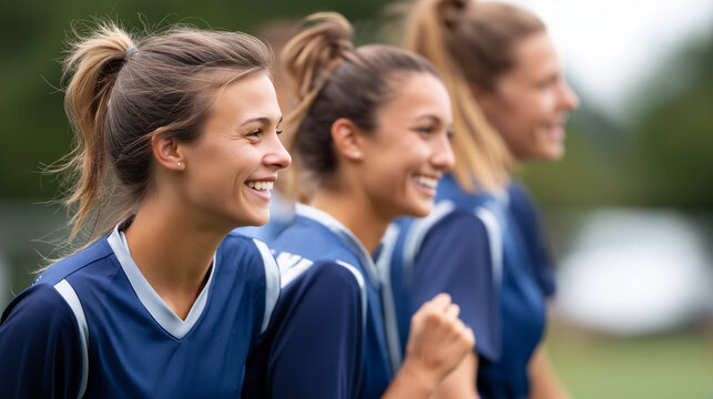 Teammates laughing and walking on field candid backs and three quarter angles camaraderie team spirit faceless no visible faces women’s sports with copy space - Powered by Adobe