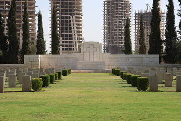 Graves of over 1,200 soldiers from the United Kingdom at the British Commonwealth War Cemetery in Damascus, Syria, who lost their lives during World War I and World War II.