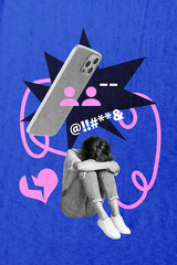 Pop trendy 3d zine vertical art collage of unhappy girl hug knee cry phone cyberbully user mobile...