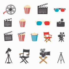 Cinema and Movie Production Icons Including Film Reels Popcorn Clapperboards 3D Glasses and Cameras