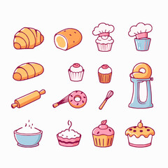 Assortment of Baked Goods and Baking Utensils in a Cute Cartoon Style Keywords: croissant, bread, roll, cupcake, muffin, chef hat, baker hat, rolling pin, donut, whisk, mixer, stand mixer, bowl
