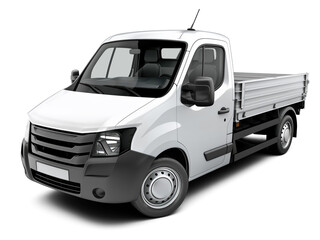 Modern fictional white compact dropside flatbed truck front left side corner angle view, isolated on white or transparent background
