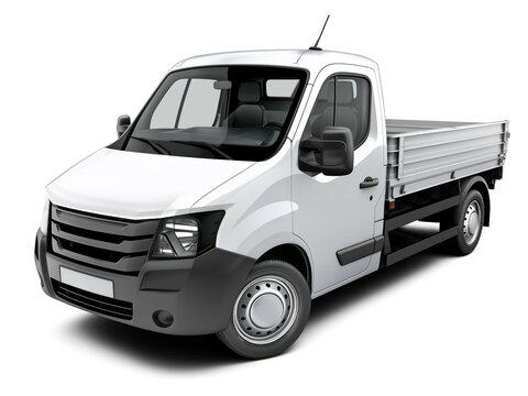 Modern fictional white compact dropside flatbed truck front left side corner angle view, isolated on white or transparent background
