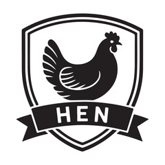A black and white logo featuring a hen inside a shield with a banner white background