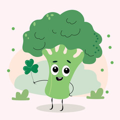 Adorable broccoli cartoon character holding lucky clover leaf
