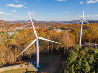 Aerial View of the Broyhill Wind Turbines at Appalachian State University During Peak Fall Foliage in Boone, North Carolina