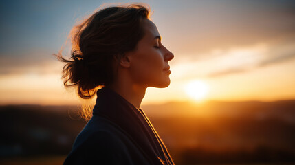 Serene woman enjoying sunset with gratitude silhouette facing horizon back to camera golden sky emotional wellness faceless no visible faces sunset with copy space