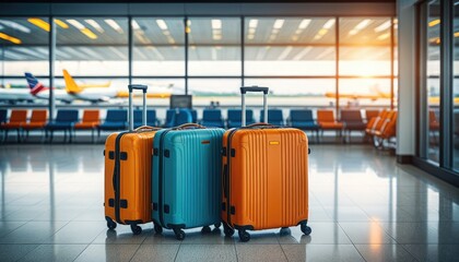 Three colorful rolling suitcases sit in an airport terminal, waiting for travel