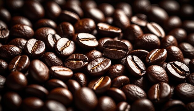 Macro shot of roasted coffee beans, dark brown with prominent cracks