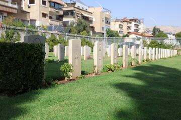 Graves of over 1,200 soldiers from the United Kingdom at the British Commonwealth War Cemetery in Damascus, Syria, who lost their lives during World War I and World War II.