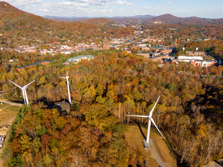 Aerial View of the Broyhill Wind Turbines at Appalachian State University During Peak Fall Foliage in Boone, North Carolina