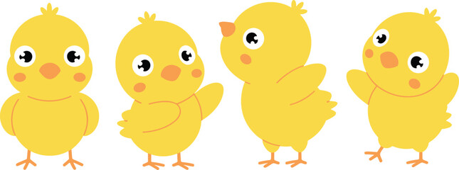 Cartoon yellow chicks, cute character set, expressive poses, waving, walking, highlighted outline, kids illustration, animal design, vector pack