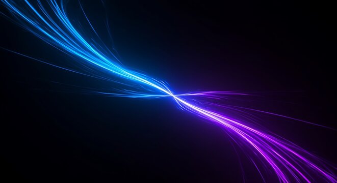 Abstract intersecting light trails in blue and purple on a black background, symbolizing energy convergence or digital transformation