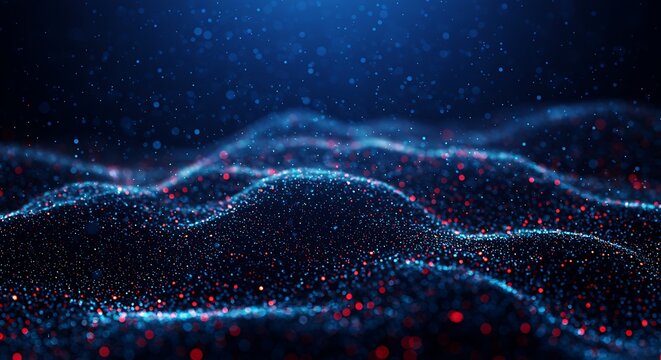 Closeup of shimmering red and blue particles forming undulating waves, abstract digital art - Powered by Adobe