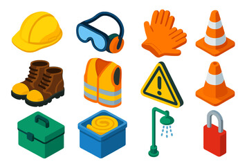 Workplace Safety Icons. Isometric vector illustration set Workplace Safety Icons: hard hat, safety goggles, ear protection, safety