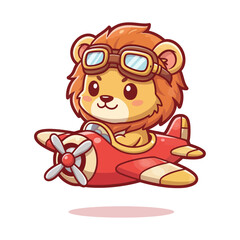 Fototapeta premium A happy cartoon lion wearing goggles flies a small red propeller plane.