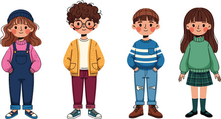 Cartoon children illustration, diverse kids fashion, cute boys and girls, casual outfits, trendy clothing, vector art, character design, stock image