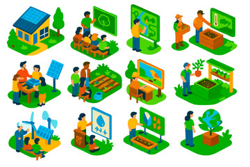 Eco Education Icons. Isometric vector illustration set Eco Education Tourism: nature learning center, outdoor classroom,