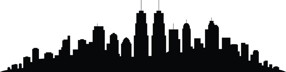 City skyline silhouette illustration, urban architecture graphic, black skyscraper icons, modern building design, metropolitan skyline art pack