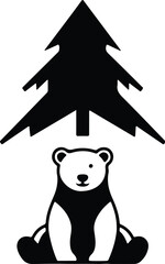 Vector Bear sitting under pine tree minimal black silhouette illustration