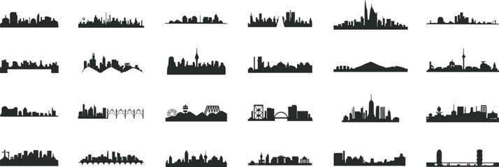 City skyline silhouette set, iconic architecture, skyscrapers, towers, bridges, urban design, travel landmarks, black vector, global cityscape collection