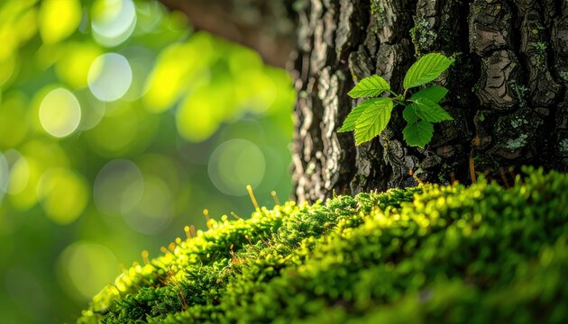 Captivating nature scene tree trunk and lush green moss forest close-up photography vibrant environment tranquil viewpoint