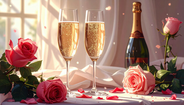 Two champagne glasses with golden bubbles and a bottle, surrounded by pink roses and petals, creating a romantic and elegant celebration scene.