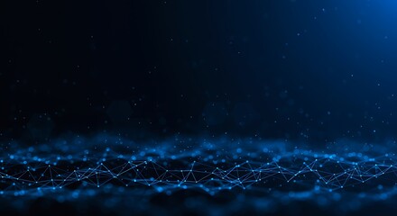 Abstract dark blue background with glowing particles forming a digital network, symbolizing data flow and connectivity