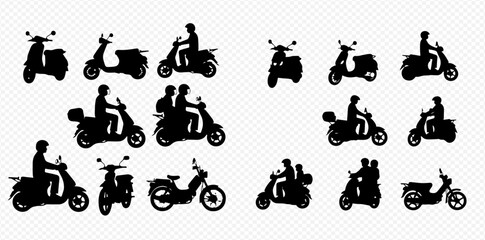 Silhouetted scooters and mopeds in various poses, some with riders.