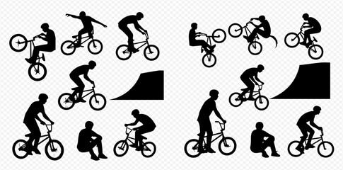 Fototapeta premium Silhouettes of BMX riders performing various tricks and poses, including jumps and wheelies.