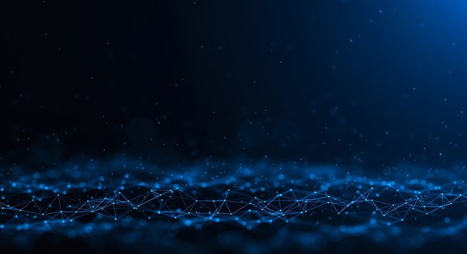 Abstract dark blue background with glowing particles forming a digital network, symbolizing data flow and connectivity