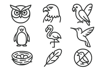 Birdwatching Icon Set. Line style icons of Birdwatching: owl, eagle, parrot, penguin, flamingo, hummingbird, nest, feather, No