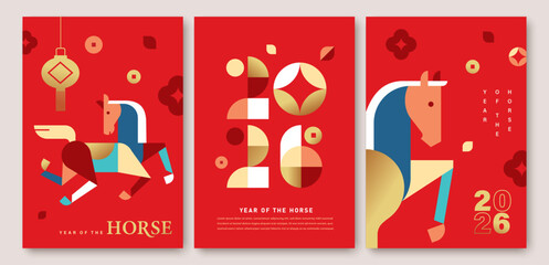 Set of 2026 Chinese new year, year of the Horse poster, cover, greeting card templates design in modern geometric style. Chinese translation: Spring

