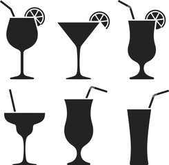 Cocktail glass silhouettes, citrus garnish icons, drinkware shapes, barware design, black beverage graphics, straw detail, party drink symbols