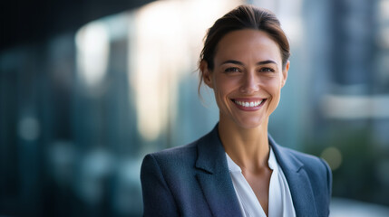 Obraz premium Successful Latin professional woman smiling with confidence torso pose head cropped at eyes city or office bokeh career achievement faceless no visible faces professional