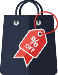 A dark blue shopping bag with a red tag that says "% OFF" attached to its handle, symbolizing a sale or discount.