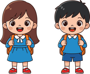 Cartoon school children illustration, cute boy and girl, student characters, back to school design, vector art, education concept, stock image