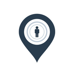 A dark blue map pin icon with a silhouette of a person inside concentric circles, representing location or personal space.