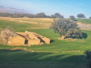 An old mud hut in the middle of nature and green plains in the mountainous countryside